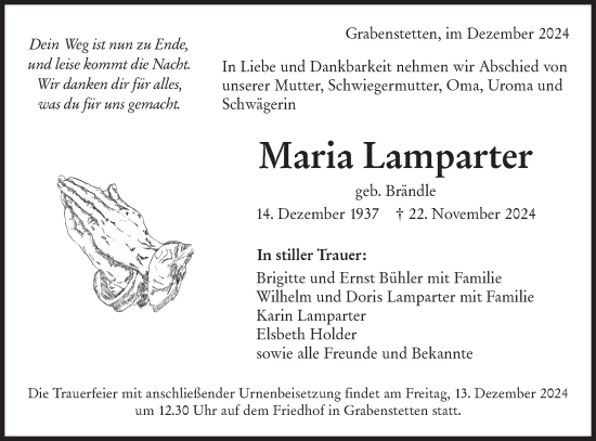 Traueranzeige von Maria Lamparter von Alb-Bote/Metzinger-Uracher Volksblatt