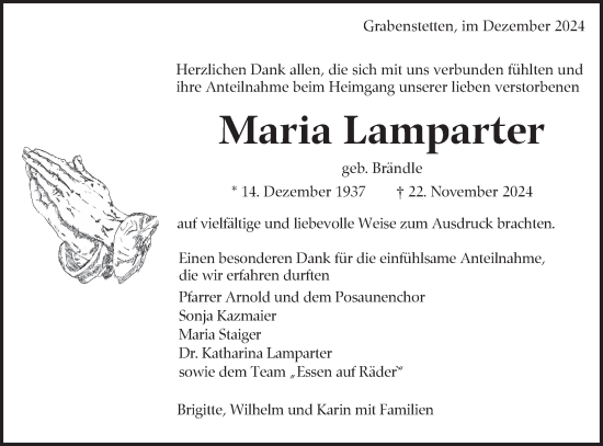 Traueranzeige von Maria Lamparter von Alb-Bote/Metzinger-Uracher Volksblatt