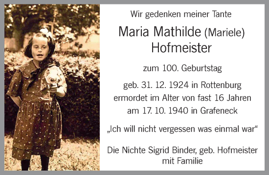 Traueranzeige von Maria Mathilde Hofmeister von Schwäbische Tagblatt