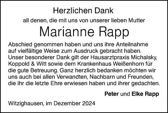 Traueranzeige von Marianne Rapp von SÜDWEST PRESSE Ausgabe Ulm/Neu-Ulm