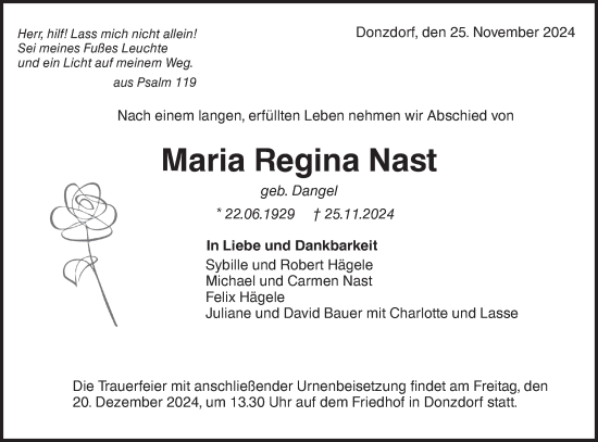 Traueranzeige von Maria Regina Nast von NWZ Neue Württembergische Zeitung