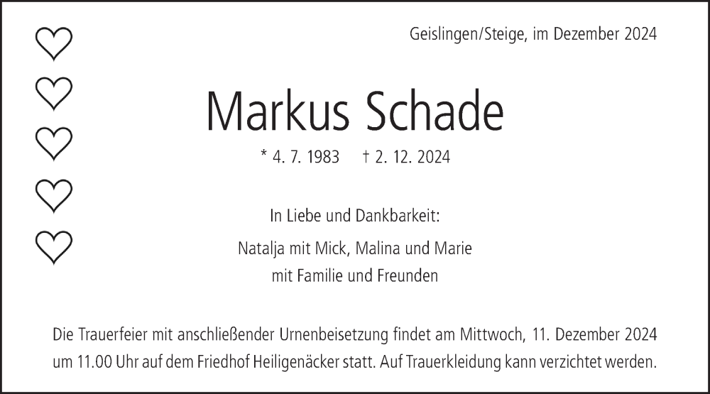  Traueranzeige für Markus Schade vom 05.12.2024 aus Geislinger Zeitung