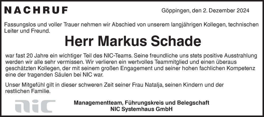  Traueranzeige für Markus Schade vom 05.12.2024 aus NWZ Neue Württembergische Zeitung/Geislinger Zeitung