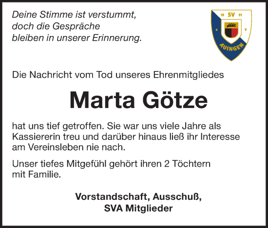 Traueranzeige von Marta Götze von Alb-Bote/Metzinger-Uracher Volksblatt