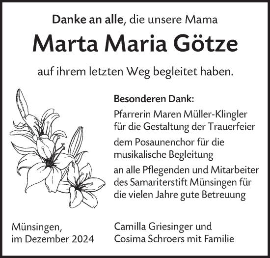 Traueranzeige von Marta Maria Götze von Alb-Bote/Metzinger-Uracher Volksblatt