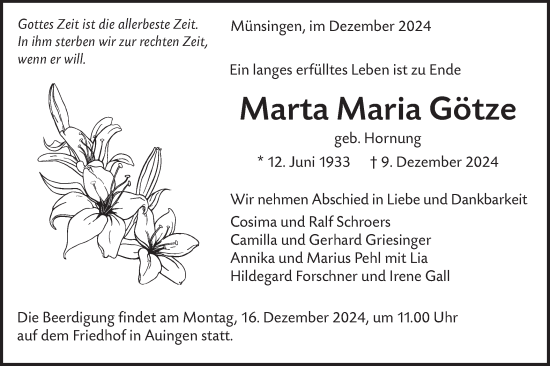 Traueranzeige von Marta Maria Götze von Alb-Bote/Metzinger-Uracher Volksblatt