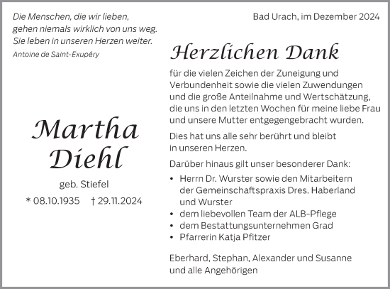 Traueranzeige von Martha Diehl von Alb-Bote/Metzinger-Uracher Volksblatt