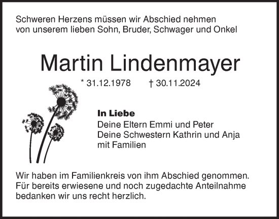 Traueranzeige von Martin Lindenmayer von SÜDWEST PRESSE Ausgabe Ulm/Neu-Ulm