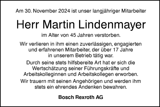 Traueranzeige von Martin Lindenmayer von SÜDWEST PRESSE Ausgabe Ulm/Neu-Ulm