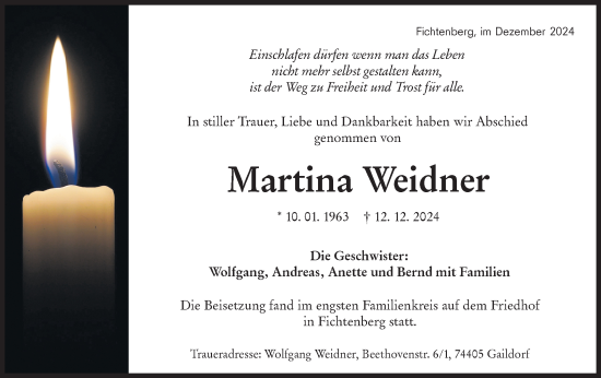 Traueranzeige von Martina Weidner von Rundschau Gaildorf