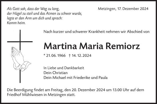 Traueranzeige von Martina Maria Remiorz von Alb-Bote/Metzinger-Uracher Volksblatt