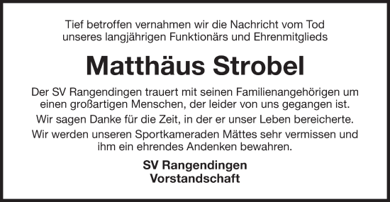 Traueranzeige von Matthäus Strobel von SÜDWEST PRESSE Zollernalbkreis/Hohenzollerische Zeitung