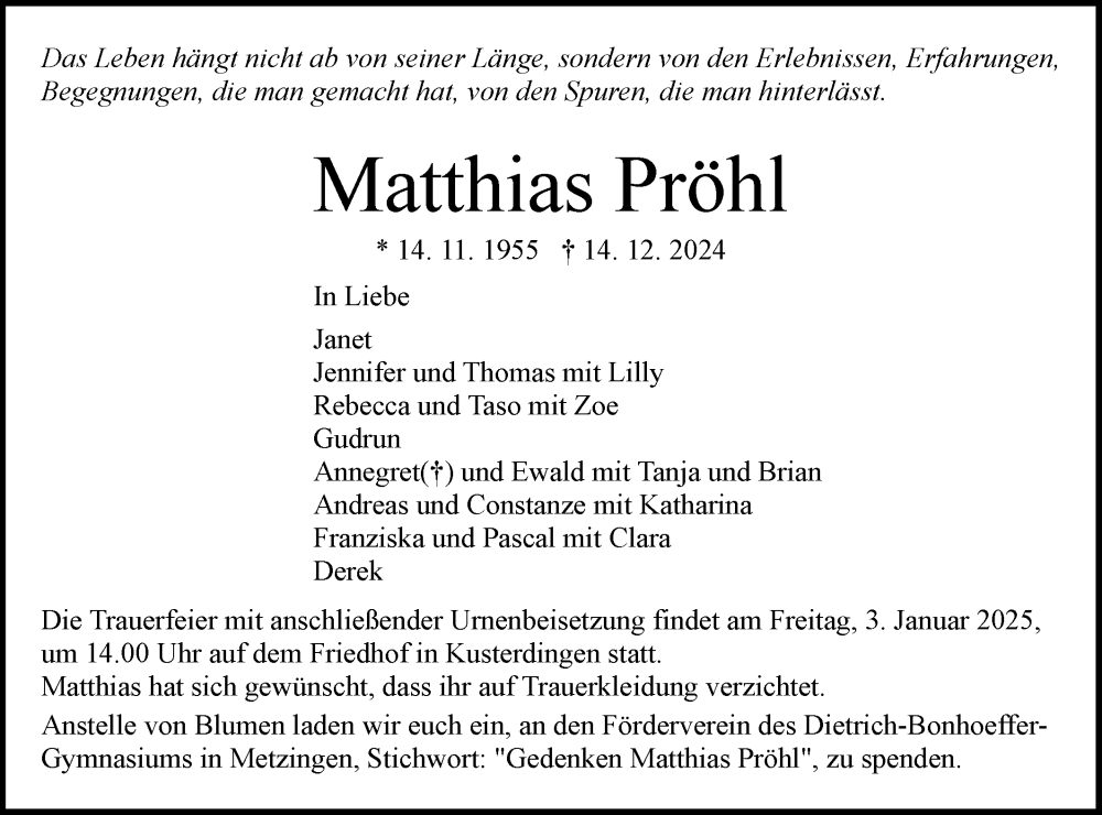  Traueranzeige für Matthias Pröhl vom 21.12.2024 aus Alb-Bote/Metzinger-Uracher Volksblatt