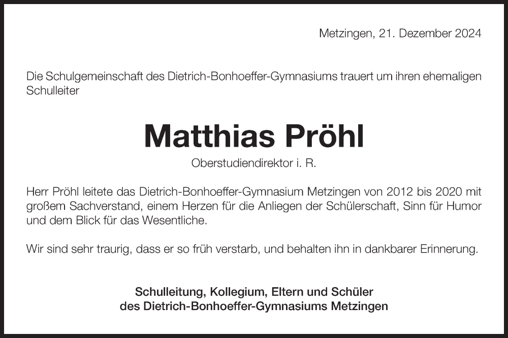  Traueranzeige für Matthias Pröhl vom 21.12.2024 aus Alb-Bote/Metzinger-Uracher Volksblatt