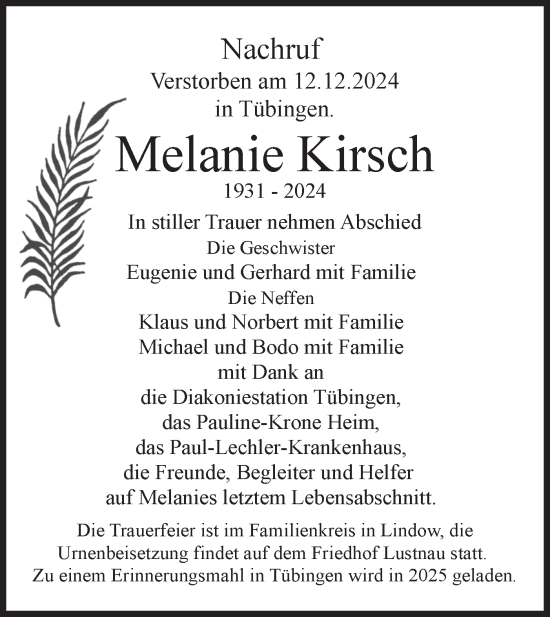 Traueranzeige von Melanie Kirsch von Schwäbische Tagblatt