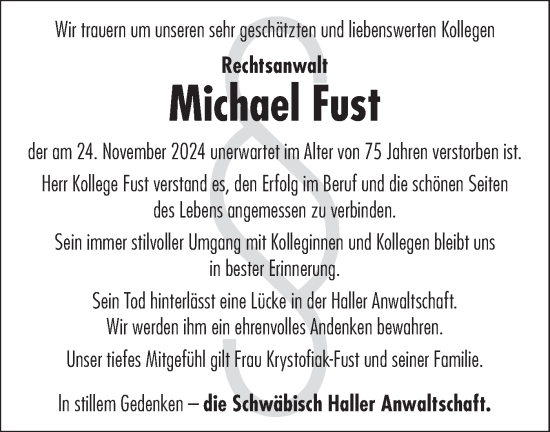 Traueranzeige von Michael Fust von Haller Tagblatt