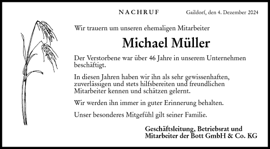 Traueranzeige von Michael Müller von Rundschau Gaildorf