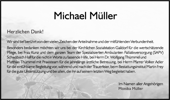 Traueranzeige von Michael Müller von Rundschau Gaildorf