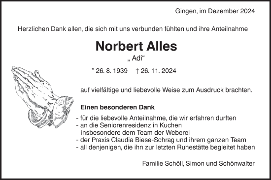 Traueranzeige von Norbert Alles von NWZ Neue Württembergische Zeitung/Geislinger Zeitung