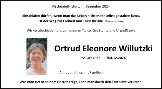 Traueranzeige von Ortrud Eleonore Willutzki von Schwäbische Tagblatt