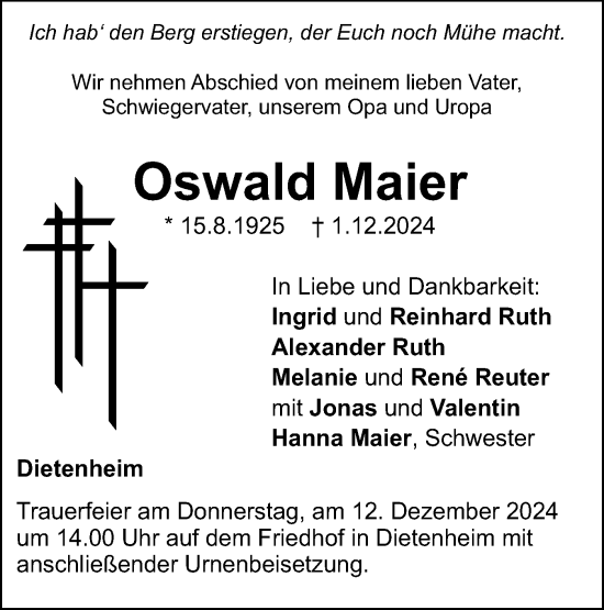 Traueranzeige von Oswald Maier von SÜDWEST PRESSE Ausgabe Ulm/Neu-Ulm