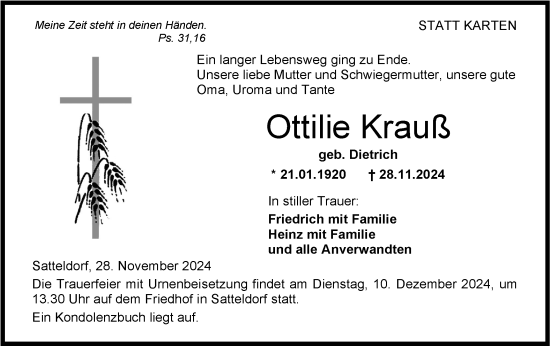 Traueranzeige von Ottilie Krauß von Hohenloher Tagblatt