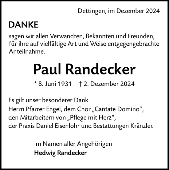 Traueranzeige von Paul Randecker von Alb-Bote/Metzinger-Uracher Volksblatt