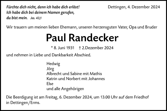 Traueranzeige von Paul Randecker von Alb-Bote/Metzinger-Uracher Volksblatt