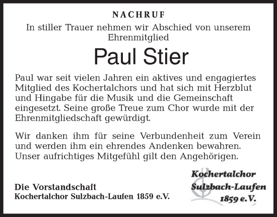 Traueranzeige von Paul Stier von Rundschau Gaildorf