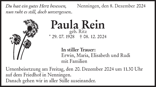 Traueranzeige von Paula Rein von NWZ Neue Württembergische Zeitung