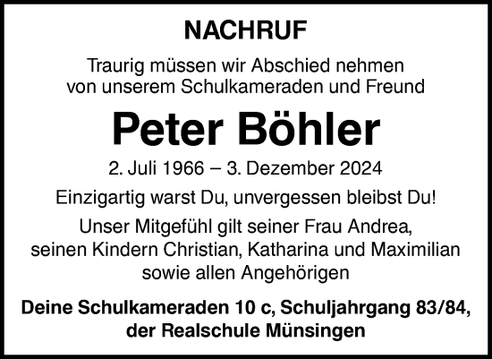 Traueranzeige von Peter Böhler von Alb-Bote/Metzinger-Uracher Volksblatt