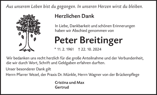 Traueranzeige von Peter Breitinger von Alb-Bote/Metzinger-Uracher Volksblatt