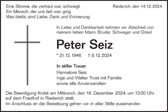 Traueranzeige von Peter Seiz von Alb-Bote/Metzinger-Uracher Volksblatt