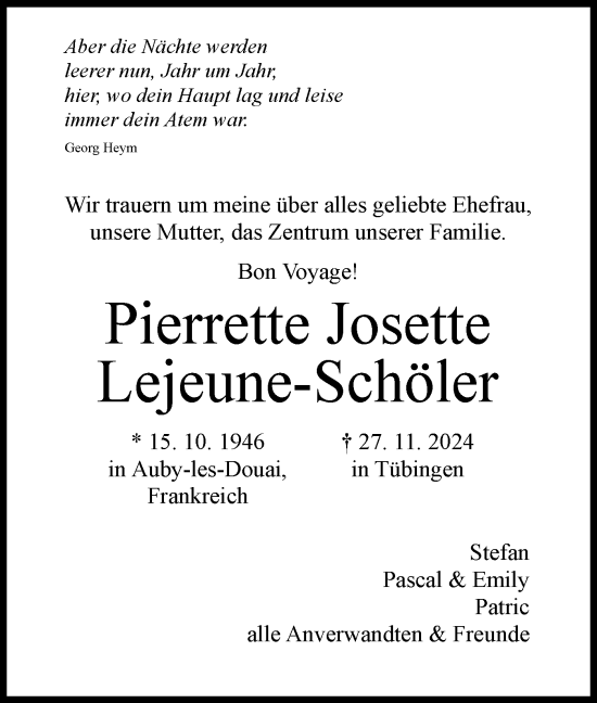 Traueranzeige von Pierrette Josette Lejeune-Schöler von Schwäbische Tagblatt