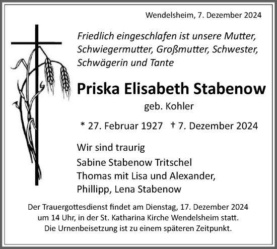 Traueranzeige von Priska Elisabeth Stabenow von Schwäbische Tagblatt