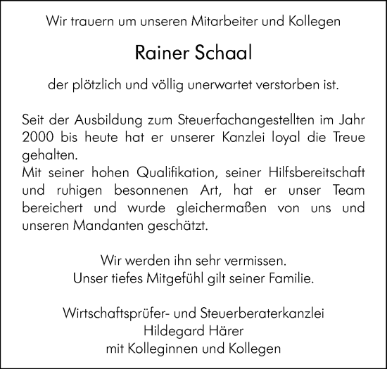 Traueranzeige von Rainer Schaal von Hohenloher Tagblatt/Haller Tagblatt