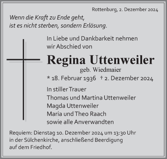 Traueranzeige von Regina Uttenweiler von Schwäbische Tagblatt