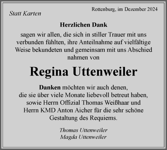 Traueranzeige von Regina Uttenweiler von Schwäbische Tagblatt