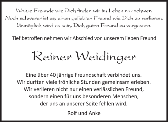 Traueranzeige von Reiner Weidinger von Haller Tagblatt