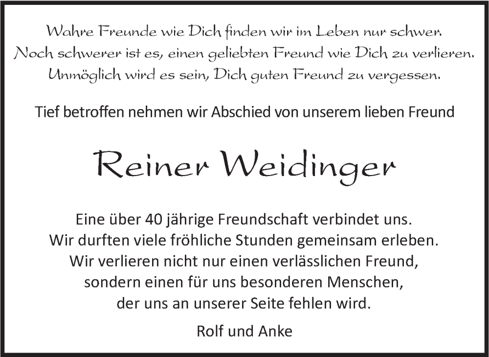  Traueranzeige für Reiner Weidinger vom 31.12.2024 aus Haller Tagblatt