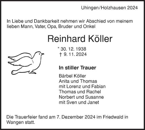 Traueranzeige von Reinhard Köller von NWZ Neue Württembergische Zeitung