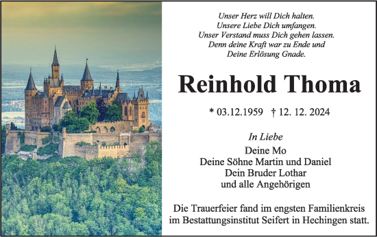 Traueranzeige von Reinhold Thoma von SÜDWEST PRESSE Zollernalbkreis/Hohenzollerische Zeitung