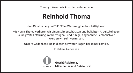 Traueranzeige von Reinhold Thoma von SÜDWEST PRESSE Zollernalbkreis/Hohenzollerische Zeitung