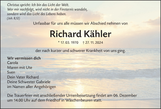 Traueranzeige von Richard Kähler von NWZ Neue Württembergische Zeitung