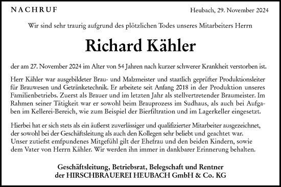 Traueranzeige von Richard Kähler von NWZ Neue Württembergische Zeitung