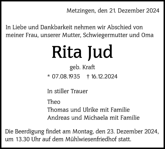 Traueranzeige von Rita Jud von Alb-Bote/Metzinger-Uracher Volksblatt