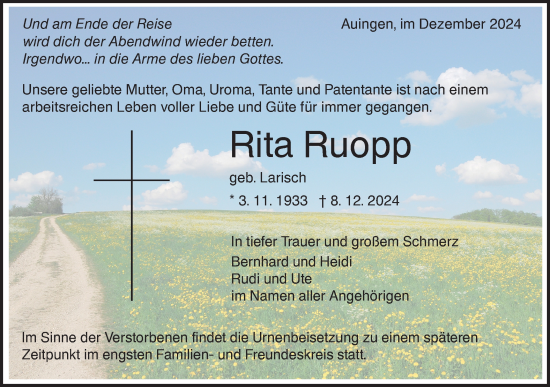 Traueranzeige von Rita Ruopp von Alb-Bote/Metzinger-Uracher Volksblatt