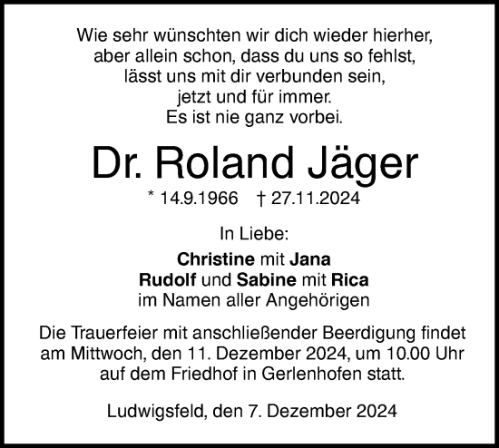 Traueranzeige von Roland Jäger von SÜDWEST PRESSE Ausgabe Ulm/Neu-Ulm