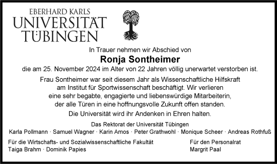 Traueranzeige von Ronja Sontheimer von Schwäbische Tagblatt