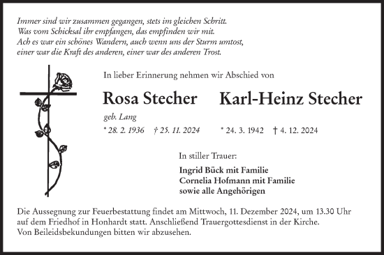 Traueranzeige von Rosa Stecher von Hohenloher Tagblatt